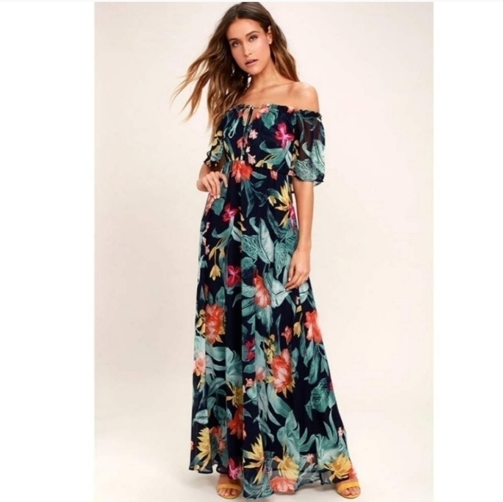 Lulus Infinite Love Floral Tropical Print Off Shoulder Ruffle Maxi Dress XS NWT